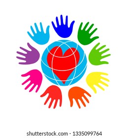 Globe in the form of a flower with a heart . Symbol of peace and community.