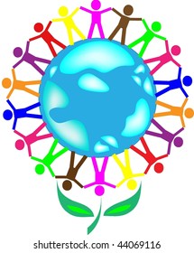 The globe in the form of a flower and people of a planet of different races