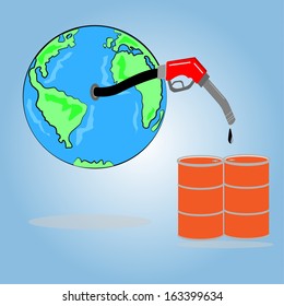 Globe with  gas pump nozzle  and an orange  oil barrel