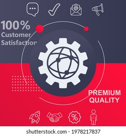 Globe and gear icon. Customize your design with a navy and red colored background template