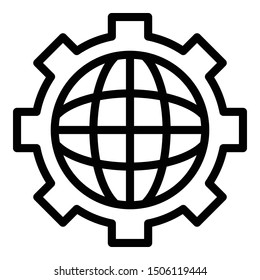 Globe in gear icon. Outline globe in gear vector icon for web design isolated on white background