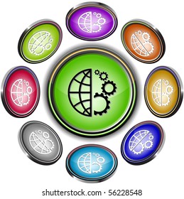Globe and gear. Vector internet buttons. 8 different projections.