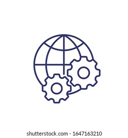 globe and gears icon, line vector