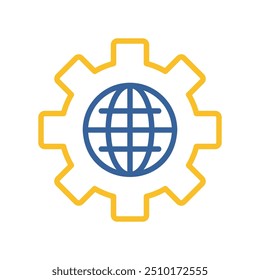 Globo con icono de Vector de engranajes. Símbolo del mecanismo mundial. Trabajo en equipo de ingeniería global. Señal de seguridad. Símbolo del gráfico para su diseño del Sitio web, logotipo, App, UI