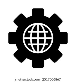 Globo con icono de Vector de engranajes. Símbolo del mecanismo mundial. Trabajo en equipo de ingeniería global. Señal de seguridad. Símbolo del gráfico para su diseño del Sitio web, logotipo, App, UI