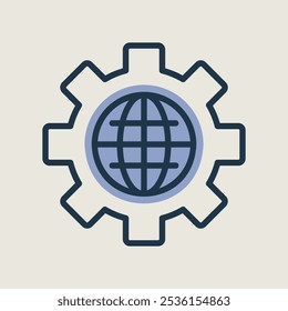 Globo con icono de Vector de engranajes. Símbolo del mecanismo mundial. Trabajo en equipo de ingeniería global. Señal de seguridad. Símbolo del gráfico para su diseño del Sitio web, logotipo, App, UI