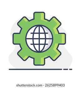 Globe with gears vector icon. World mechanism symbol. Global engineering teamwork. Security sign. Graph symbol for your web site design, logo, app, UI