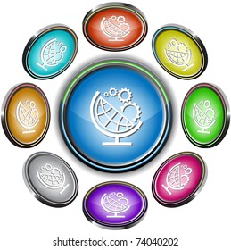 Globe and gears. Vector internet buttons. 8 different projections.