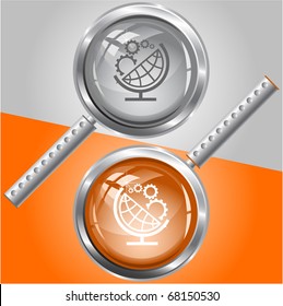 Globe and gears. Vector magnifying glass.
