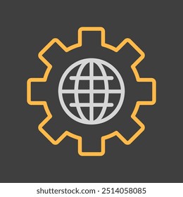 Globe with gears vector on dark background icon. World mechanism symbol. Global engineering teamwork. Security sign. Graph symbol for your web site design, logo, app, UI