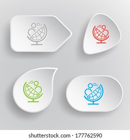 Globe and gears. White flat vector buttons on gray background.