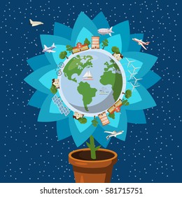 Globe gently flower ecology concept set. Cartoon illustration of globe gently flower ecology vector concept for web