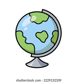 Globe for geography lessons. School supplier sticker for t shirt design. Flat vector illustration for student learning. Back to school and education concept