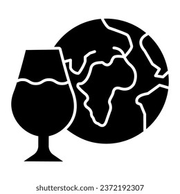 Globe and glass of wine solid icon. Imported wine with planet glyph style pictogram on white background. Winery world collection logo for mobile concept and web design. Vector graphics
