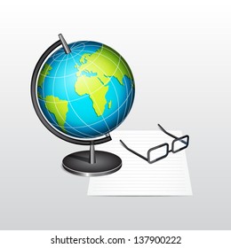 Globe with glasses and paper. EPS10 vector