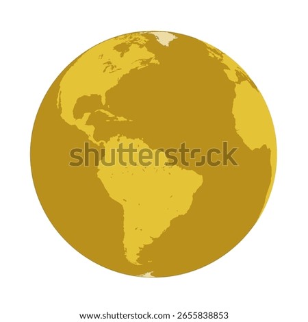 Globe in Gold Color Focused on the American Continent, vector illustration isolated on white background, eps