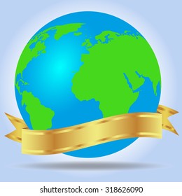 Globe and gold ribbon with shadow on a blue background. Vector Image.