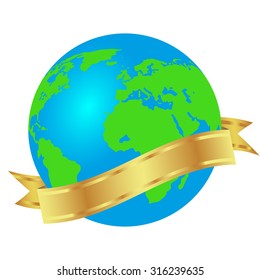 Globe and gold ribbon. Vector Image.