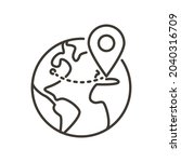 Globe with gps pin mark. Vector thin line icon for global transporation system, worldwide delivery, online internet shop service