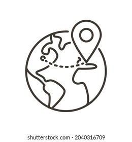 Globe with gps pin mark. Vector thin line icon for global transporation system, worldwide delivery, online internet shop service