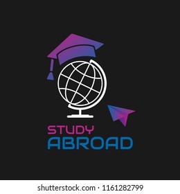 Globe with graduate cap. Gradient  vector illustration. Education icon. Font STUDY ABROAD logo with graduation hat and paper air plane