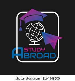 Globe with graduate cap. Gradient  vector illustration. Education icon. Font STUDY ABROAD logo with graduation hat and paper air plane in frame