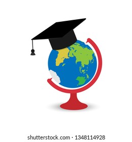 Globe with graduate cap, simple flat design