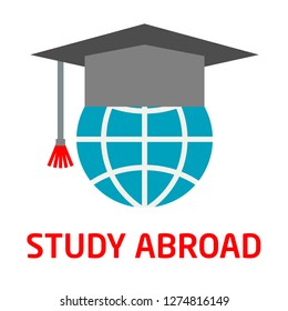 Globe with graduate cap vector illustration. Study abroad icon, Education icon, logo.