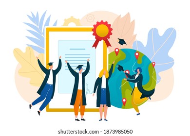 Globe graduate, student people get college knowledge and university education vector illustration. Study for flat school diploma, graduation certificate. Learn book for academic design concept.