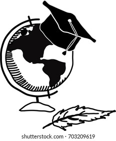 A Globe in graduates hat and feather pen vector flat hand drawing illustration.Education concept.Doodle with hand drawn shadow black on white background.