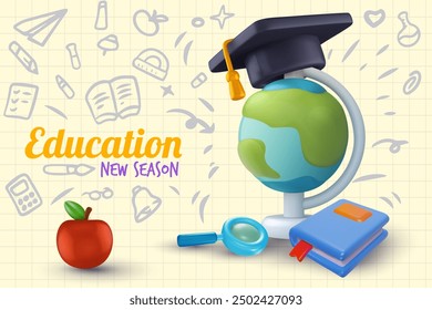 Globo con tapa de graduación, libro, manzana y lente. Composición de regreso a la escuela para Anuncio de fondo, portada, póster. Suministros de aprendizaje en estilo 3D con Elementos doodle. Ilustración vectorial.