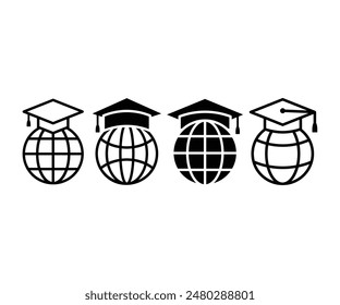 globe with graduation cap education icons symbol vector design black white color modern illustration set