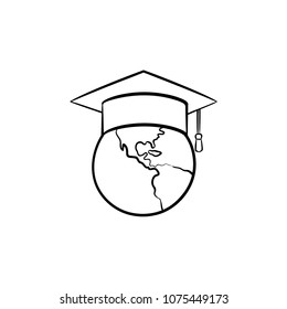 Globe in Graduierung Mütze handgezeichnet Umriss doodle Symbol. Graduationsmütze auf der ganzen Welt, Vektorgrafik für Druck, Web, Mobil und Infografiken einzeln auf weißem Hintergrund.