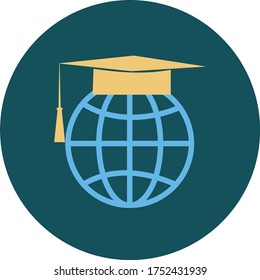 Globo en el tapón de graduación con el símbolo del doodle dibujado a mano. icono de la escuela de moda sobre el fondo verde para el gráfico web