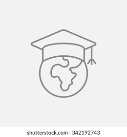 Globe en el icono de la línea de gorra de graduación para web, móvil e infografía. Icono vector de gris oscuro aislado en fondo gris claro.