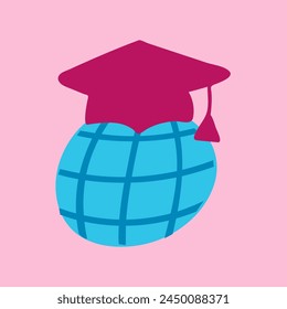 Globe in a graduation cap on pink background. Hand drawn vector illustration design.