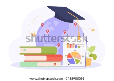 Globe in graduation cap vector illustration. Books and diagram showing percent of foreign and local students. Limitation on number of foreign students concept.