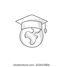 Globe in graduation cap vector sketch icon isolated on background. Hand drawn Globe in graduation cap icon. Globe in graduation cap sketch icon for infographic, website or app.