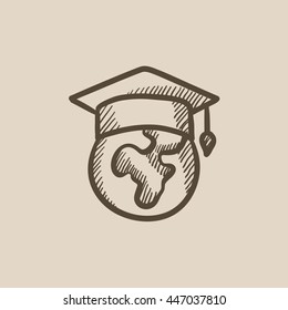 Globe in graduation cap vector sketch icon isolated on background. Hand drawn Globe in graduation cap icon. Globe in graduation cap sketch icon for infographic, website or app.