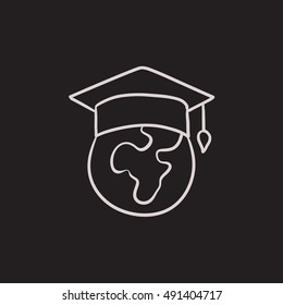 Globe in graduation cap vector sketch icon isolated on background. Hand drawn Globe in graduation cap icon. Globe in graduation cap sketch icon for infographic, website or app.
