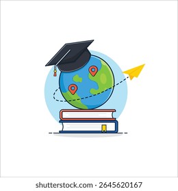 Globo com Chapéu de Graduação com Icone de Localização Ilustração Vetor. Estudo no exterior Conceito Design