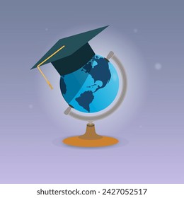 Globe with graduation hat. World knowledge concept vector illustration