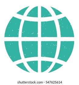 Globe grainy textured icon for overlay watermark stamps. Flat symbol with scratched texture. Dotted vector cyan ink rubber seal stamp with grunge design on a white background.