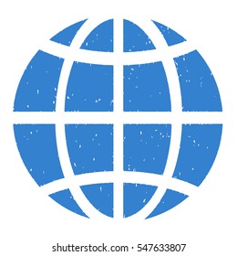 Globe grainy textured icon for overlay watermark stamps. Flat symbol with dirty texture. Dotted vector cobalt ink rubber seal stamp with grunge design on a white background.