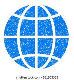 Globe grainy textured icon for overlay watermark stamps. Flat symbol with dirty texture. Dotted vector blue ink rubber seal stamp with grunge design on a white background.