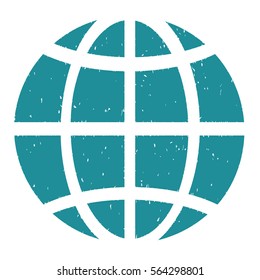 Globe grainy textured icon for overlay watermark stamps. Flat symbol with scratched texture. Dotted vector soft blue ink rubber seal stamp with grunge design on a white background.
