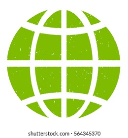 Globe grainy textured icon for overlay watermark stamps. Flat symbol with dirty texture. Dotted vector light green ink rubber seal stamp with grunge design on a white background.