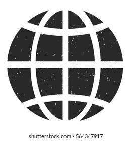 Globe grainy textured icon for overlay watermark stamps. Flat symbol with unclean texture. Dotted vector gray ink rubber seal stamp with grunge design on a white background.
