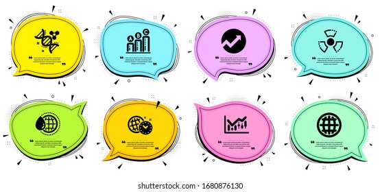 Globe, Graph chart and Audit signs. Chat bubbles with quotes. World water, Financial diagram and Time management line icons set. Chemical hazard, Chemistry dna symbols. Vector