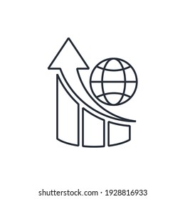 Globo y grafo de movimiento hacia arriba. Tendencia de crecimiento global. Icono lineal vectorial aislado en fondo blanco.